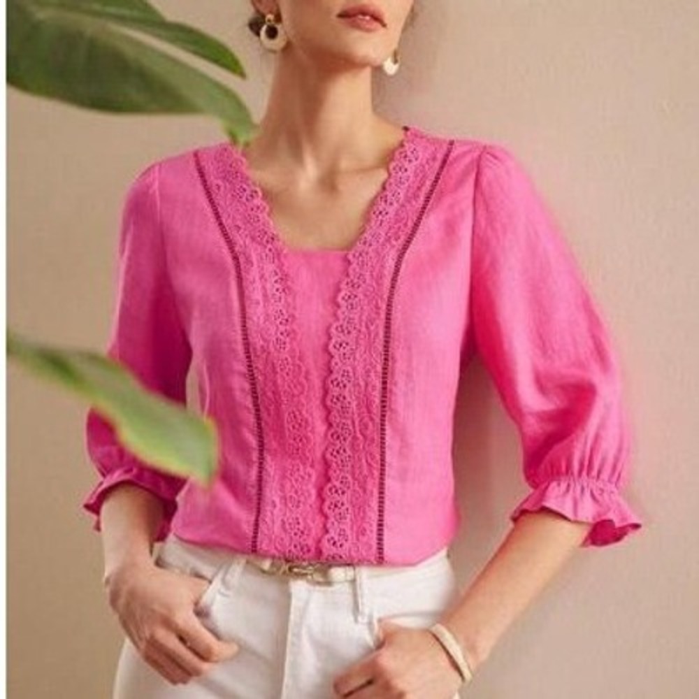 Pink Linen Lace Trim 3/4 Ruffle Sleeve Blouse M Coquette Cottagecore Romantic